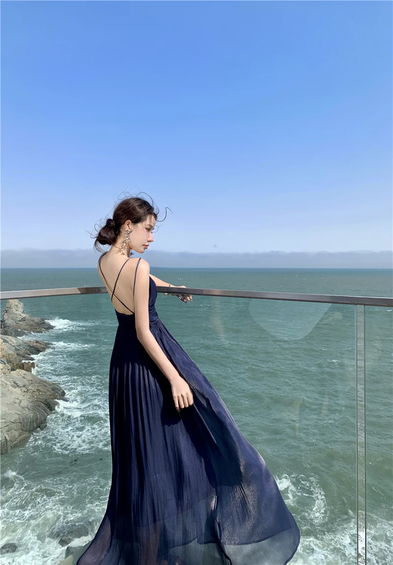 Summer New Spaghetti Strap Long Dresses for Women V-neck A-line Evening Party Dress Backless Prom Robe One Piece Vestido Mujer