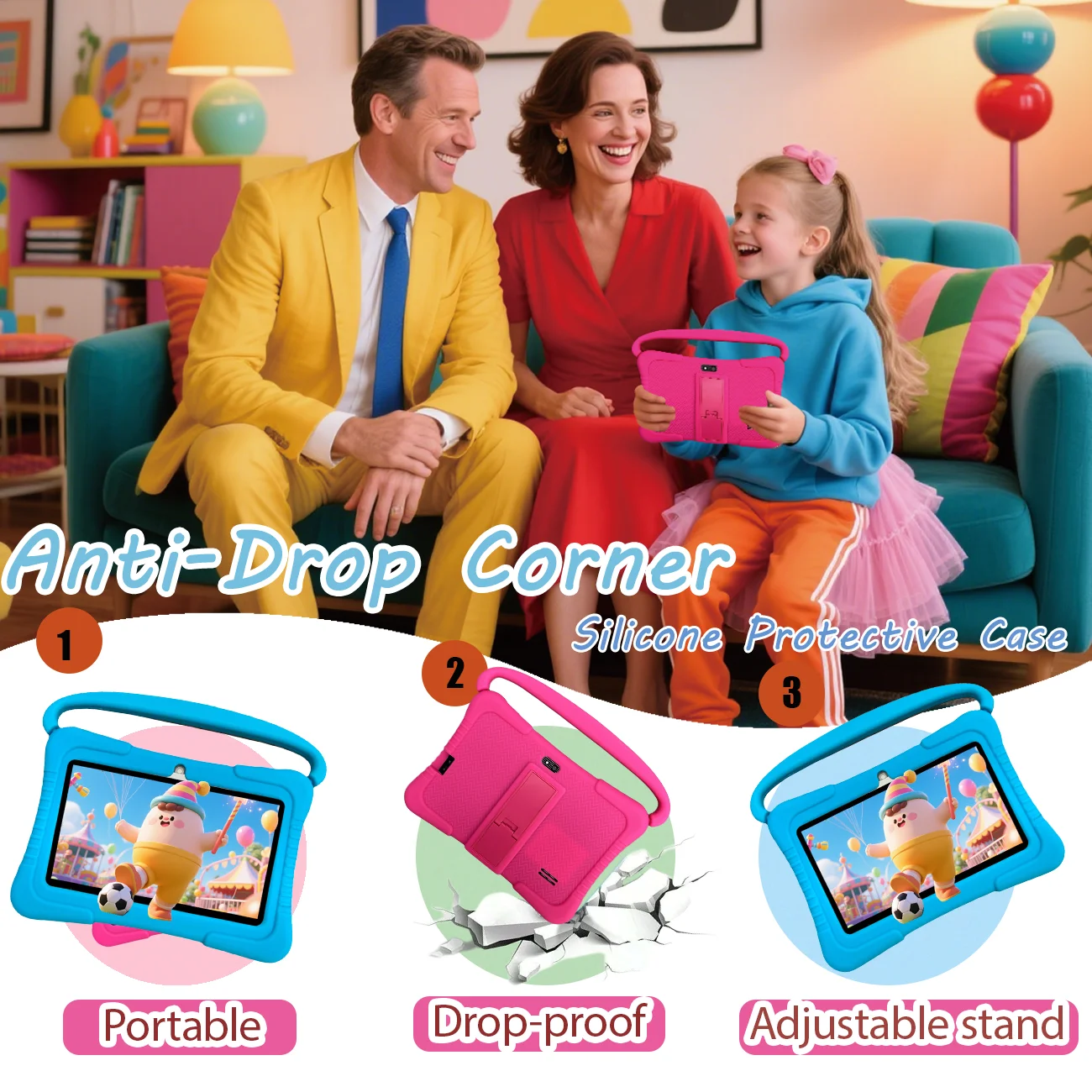 어린이 태블릿 7인치, 부모 통제 기능이 있는 어린이 태블릿, 듀얼 카메라, 크리스마스 및 생일을 위한 어린이 선물. 핑크/블루