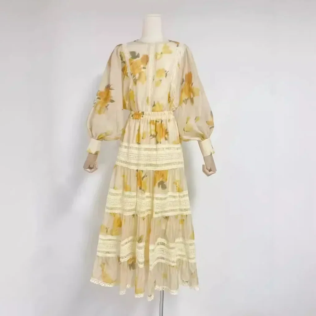 2024 New Printed Round Neck Lantern Sleeve Top+lace Patchwork A-line Large Hem Skirt Set Two Piece Sets  Women's Clothing Dress
