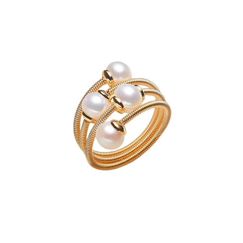 MULICHEN 4-5mm Freshwater Pearl Women's Ring Hand-wound Art Jewelry Copper Alloy 14K Gold Plated Open Ring Fashion Jewelry