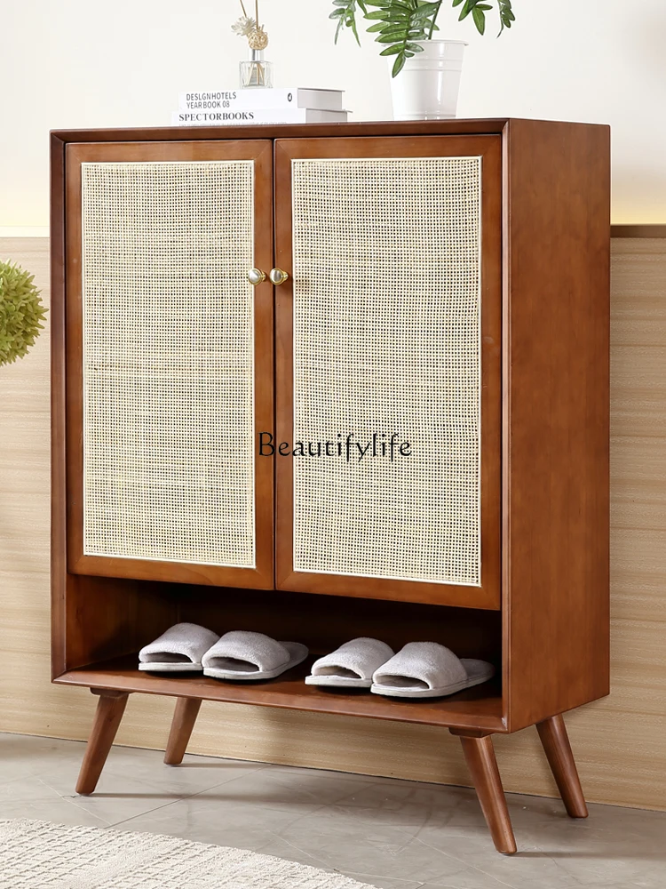 

Solid Wood Rattan Woven Shoe Cabinet with Door Household Dust-Proof Vertical Floor Integrated Wall Storage Cabinet