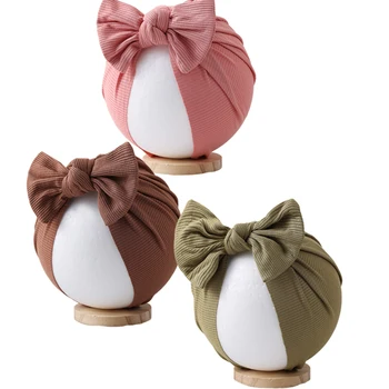Solid Ribbed Baby Turban Hats Hair Bows Topknotted Beanies Newborn Boys Girls Caps 0-3T Infant Bonnet Kids Headwraps Accessories 1