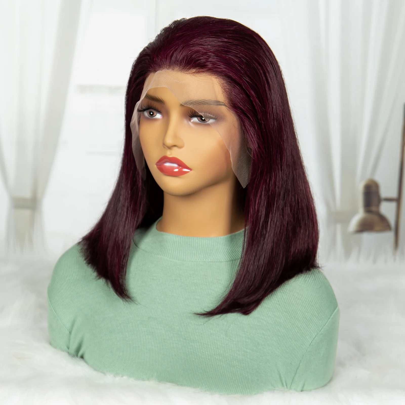 Perruque Bob Lace Front Wig naturelle lisse, cheveux humains, densité 200%, 12A, 13x4, 99J