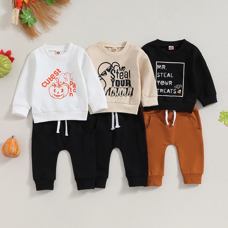 

2023-07-17 Lioraitiin 0-3Years Toddler Boys Halloween Outfits Pumpkin Ghost Letter Print Sweatshirts Long Pants 2Pcs Clothes Set