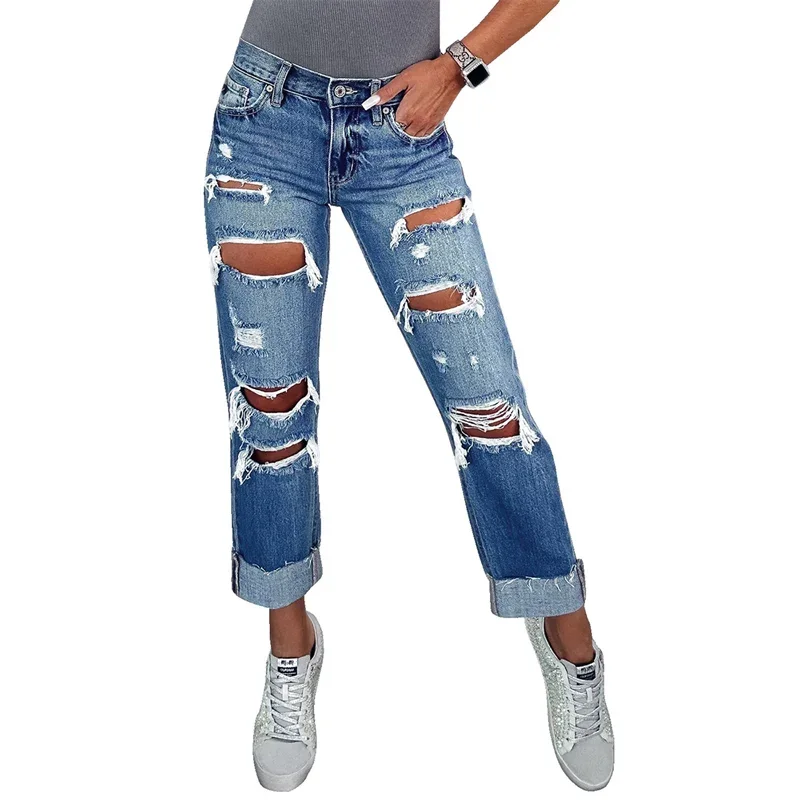 Women Hollow Out Broken Holes Chic Jeans Fashion Trend Straight Pants Female High Waist Denim Trousers Summer Casual Streetwear