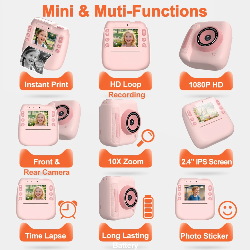 Children Instant Print Portable Thermal Printer 57x25mm Printing Front&Rear Digital Dual Camera 32G-SD Card for Kid Toddler Gift