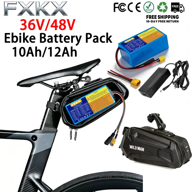 Batterie pour vélo électrique 48v 36v 10Ah 12Ah, pack de batteries Li-ion étanche pour moto/scooter/vélo 250W-750W avec chargeur 2A 1