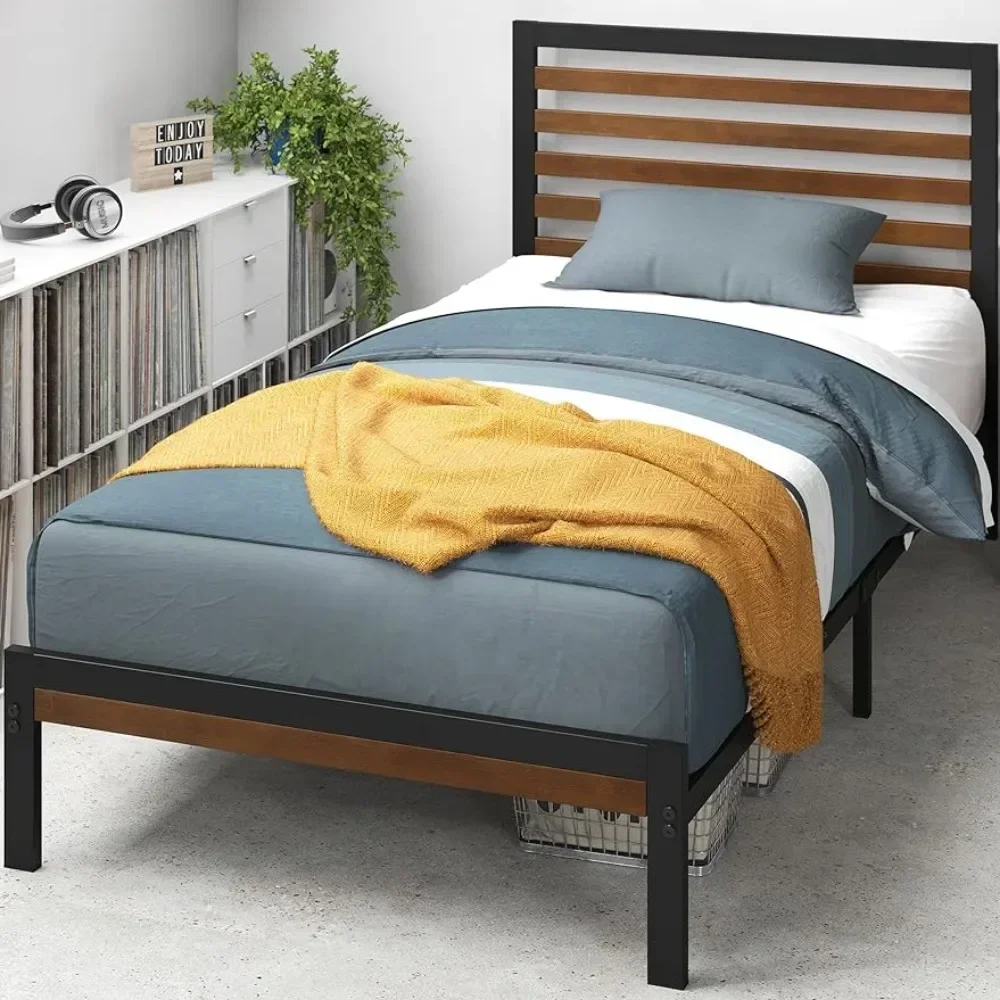 Bamboo metal platform bed frame with headboard, no springs required, easy to assemble, twin beds