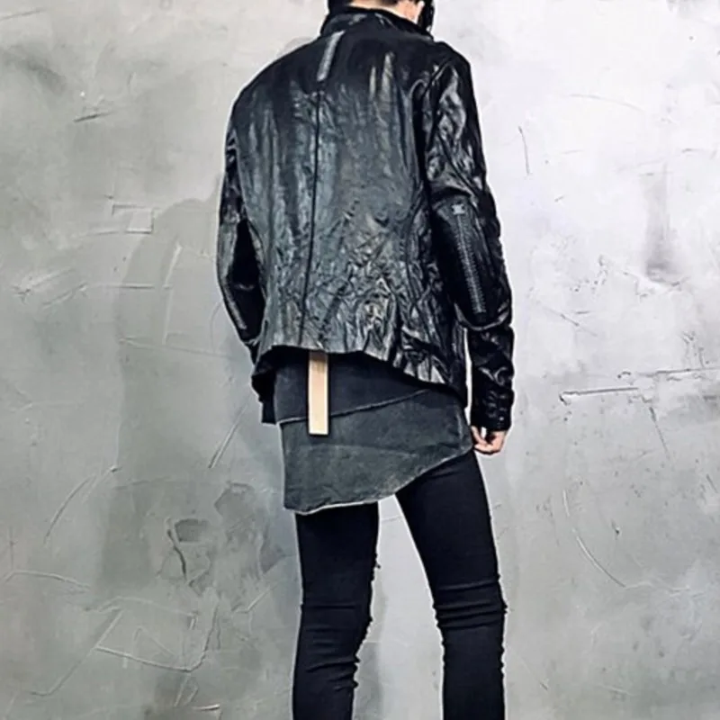 

Dark Avant-Garde Style Clothes Wasteland Punk Goth Handmade Pleated Leather Cowhide Leather Jacket For Men And Women Coat