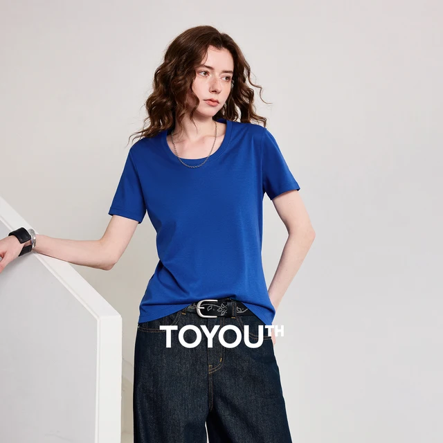 TOYOUTH T-shirts Femme en Coton Liquide Ammoniaque Effet Soie, Nouvelle Collection Printemps 2026, Hauts Décontractés Multicolores Anti-Plis de Luxe 1