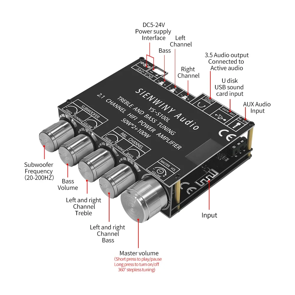 YS-S100L 블루투스 5.1 디지털 파워 앰프 보드, 가정용 오디오 스테레오 앰프 보드, 100W + 2x50W, 2.1 채널 CS8673E