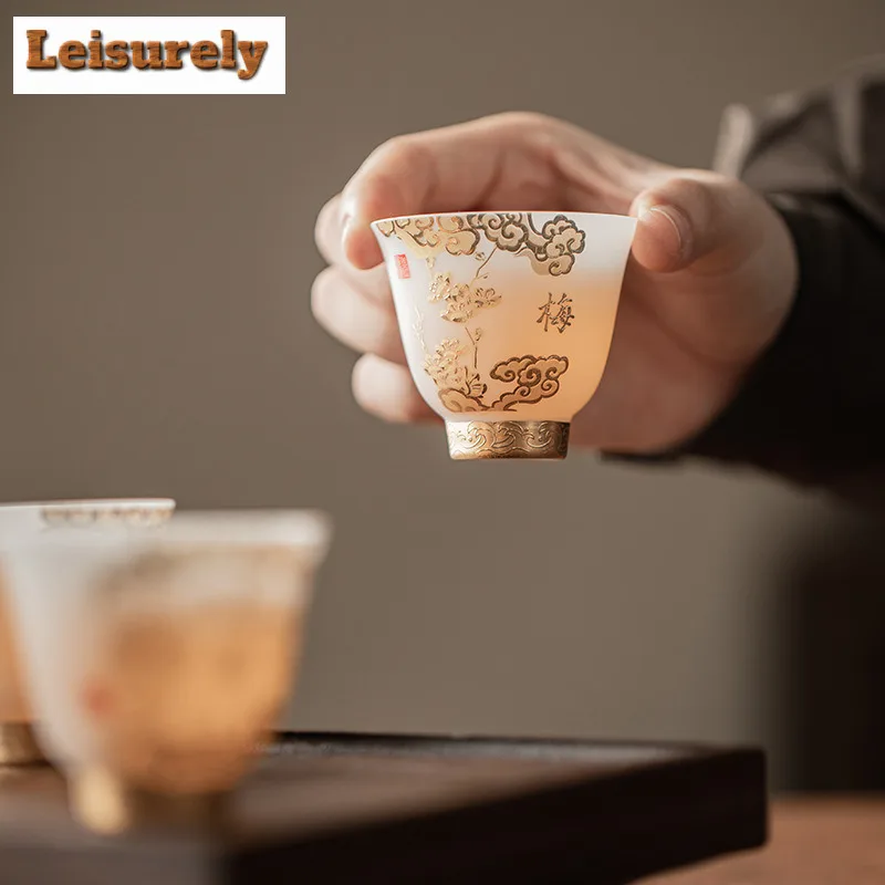 4pc Gilded Ice Jade Porcelain Four Gentlemen Teacup Japanese Tea Bowl Tea-tasting Meditation Cup Chazhan Master Cups Tea Items