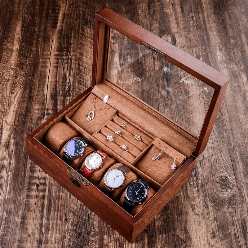 

Natural Wood Watch Box Lock Skylight Bracelet Necklace Cufflink Ring Jewelry Double-layer Display Storage Box For Watch Jewelery