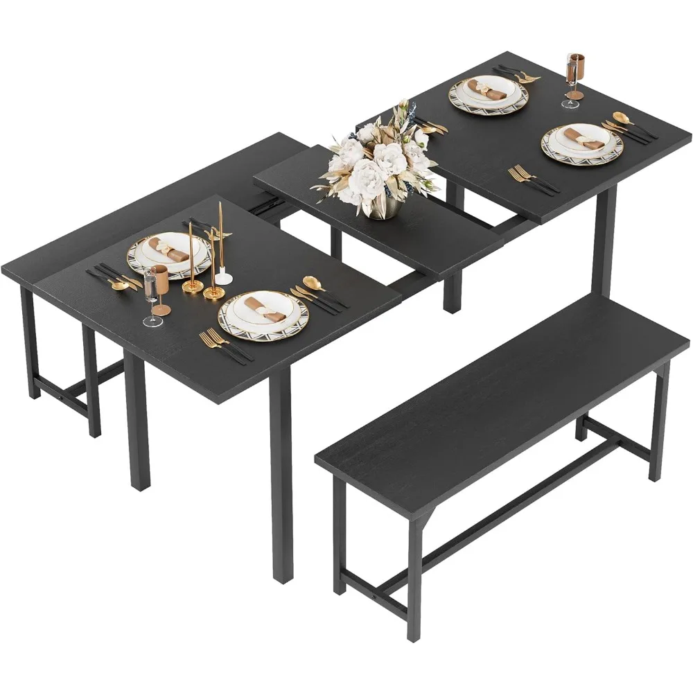 3 Pcs 63" Extendable Dining Room Table Set for 4-6 with 2 Benches, Mid Century-Modern Kitchen Tabletop, OneSize, Black images - 6