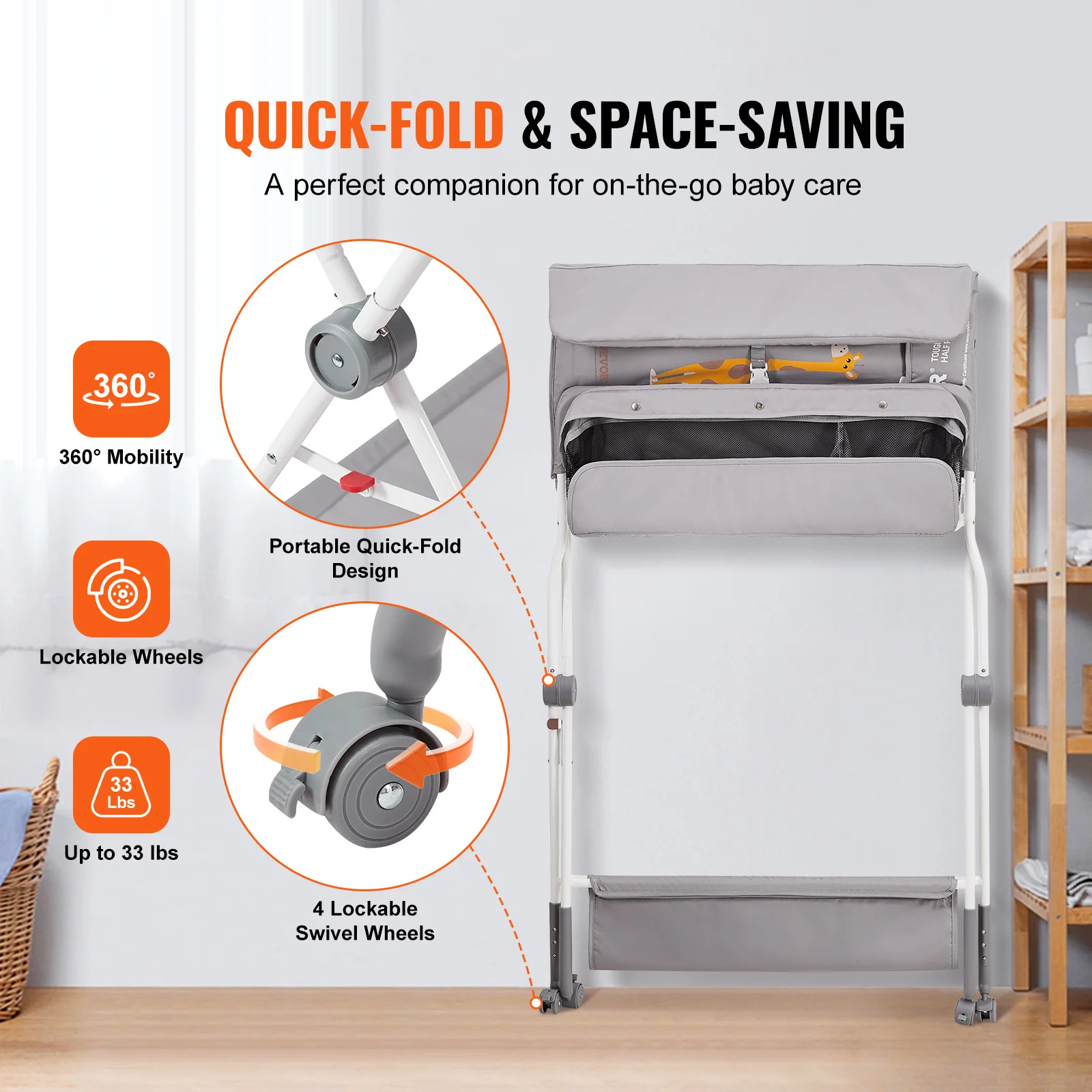 VEVOR Baby Changing Table Folding Diaper Changing Station Lockable Wheels 3 level Adjustable Heights for Newborns Infant