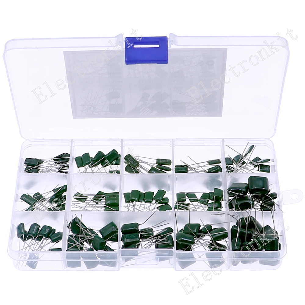 

150pcs 100V 15Kinds Polyester Film Capacitor assorted kit 0.33nF 0.47nF 0.56nF 1nF 3.9nF 6.8nF 10nF 22nF 47nF 100nF 150nF 470nF