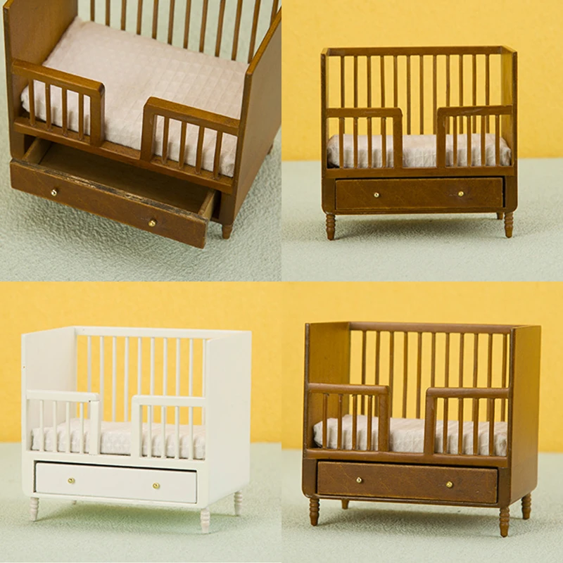 

1:12 Dollhouse Miniature European Style Wooden Double Bed Crib Furniture Model Doll House Home Bedroom Scene Decor Accessories