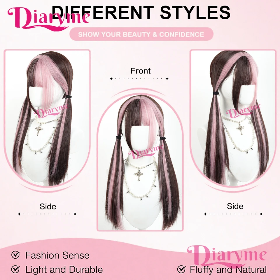 Synthetic Long Ombre Colorful Cosplay Lolita Cute Wig With Bangs Natural Wavy Halloween Pink Mixed Brown Daily Wigs Christmas