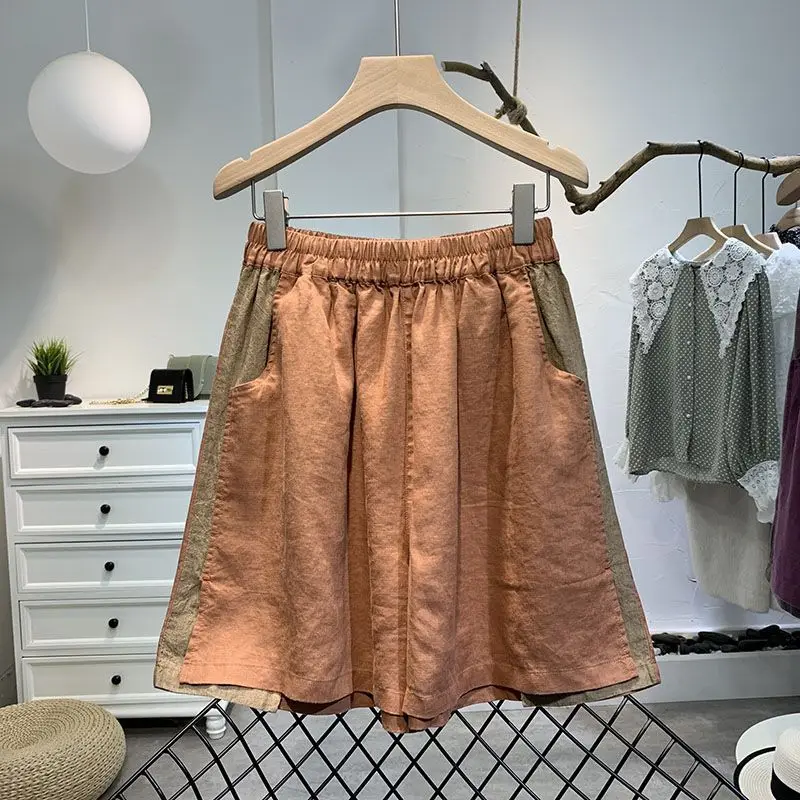 2024 Women's New Summer Simplicity Commute Elasticized High-waisted Spliced Contrast Color Pockets Loose Casual Wide-leg Shorts