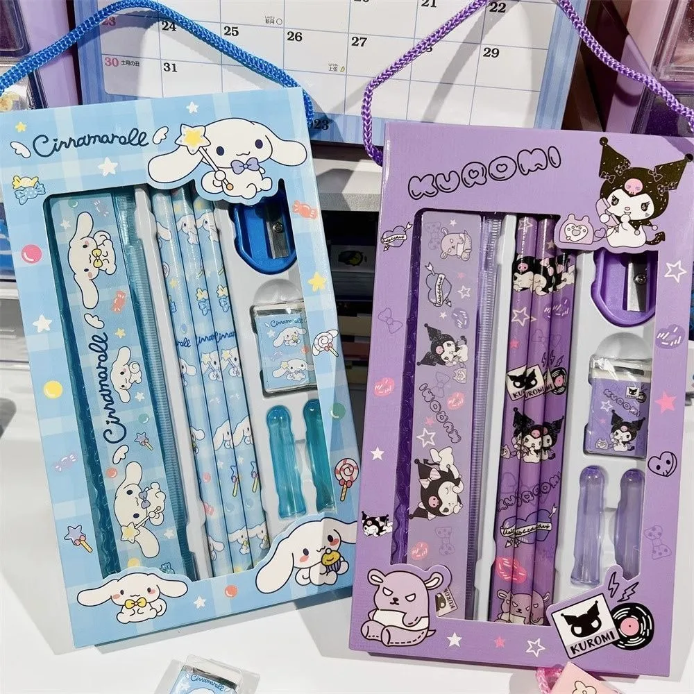Sanrio Stationery Set Kawaii Hellokitty Melody Kuromi Cinnamoroll Children's School Supplies Pencil Eraser Ruler Christmas Gifts stationery set