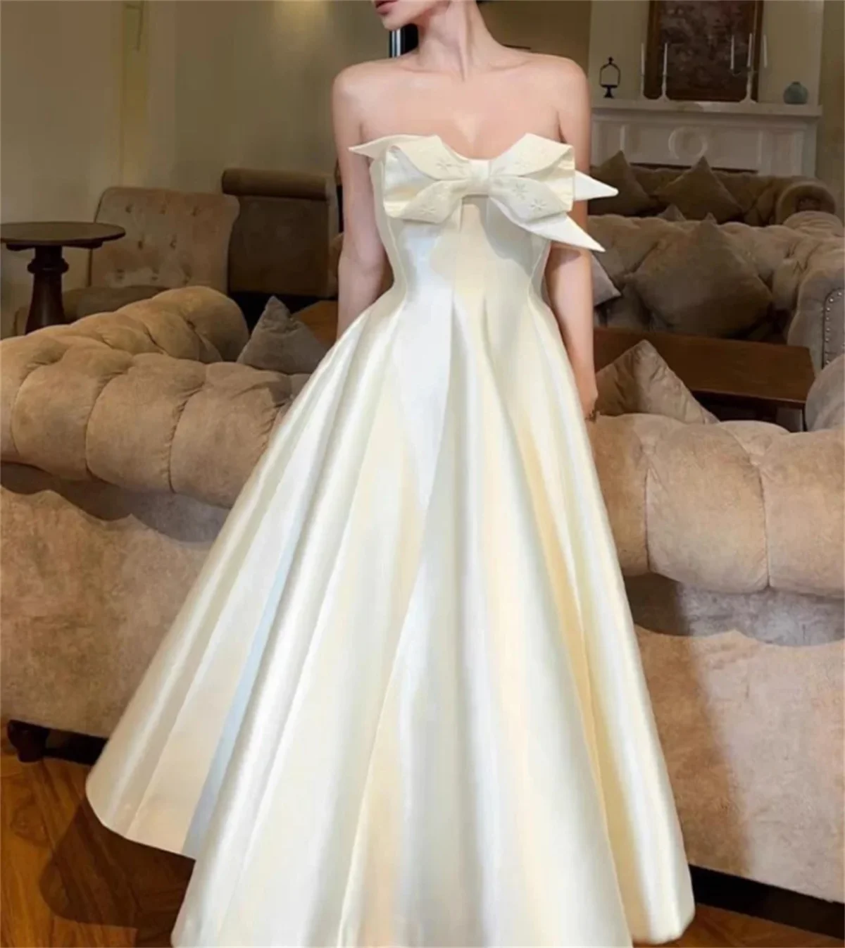 

Hot Sale Sexy A-Line Evening Dress White Ruffle with Bow Satin Formal Sweetheart Party Dance Dress 2024 New Fashion Custom Color
