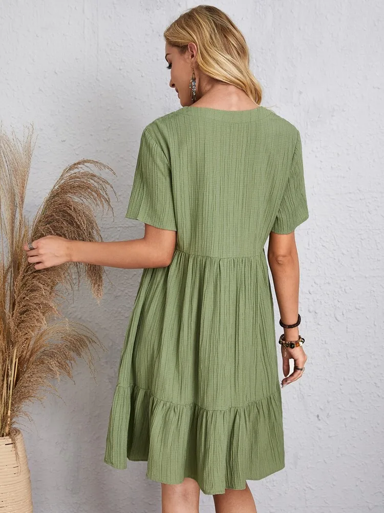 Elegant V Neck Ruffle Mini Dress - Womens Casual Summer Sundress