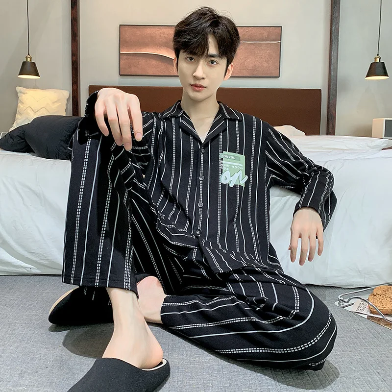 Spring Autumn Men's Cotton Pajamas Lapel Long sleeve Cardigan Pants Oversized Loose Casual Home Clothing Set
