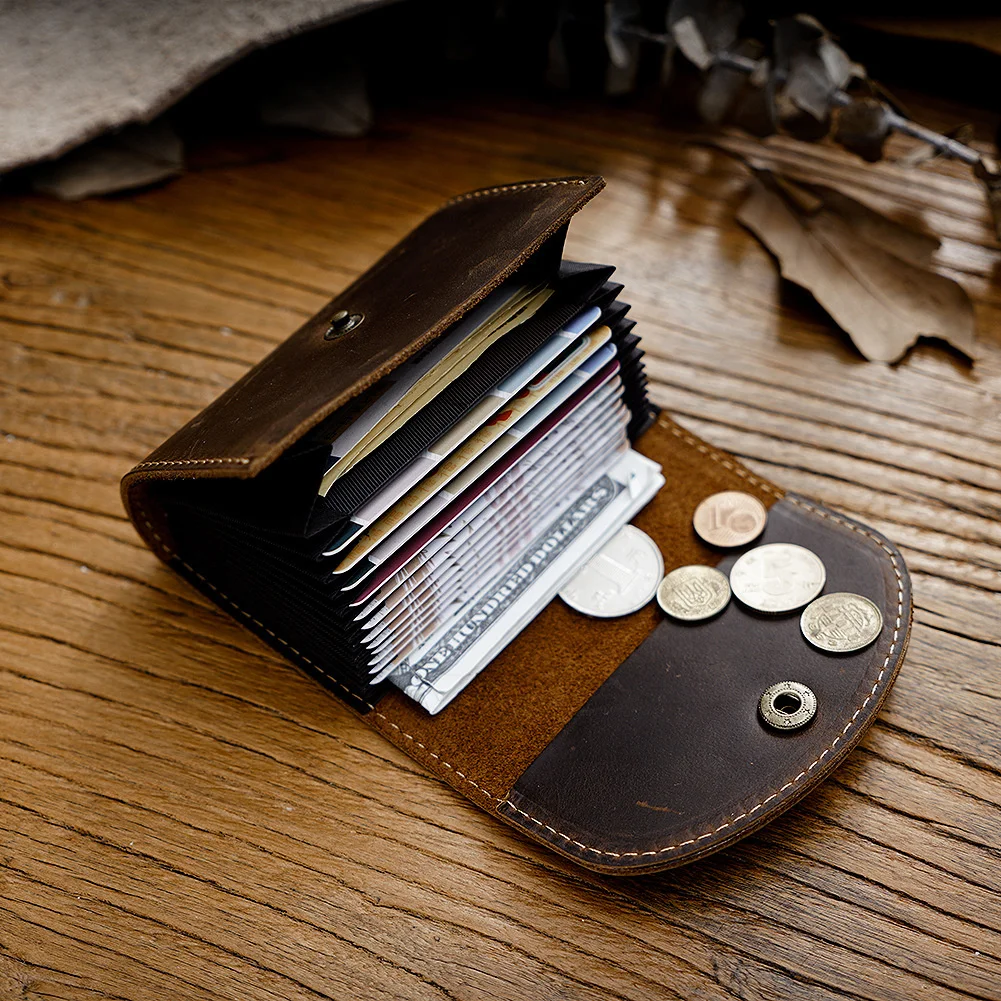 Top Layer of Cow Buckle Wallet Men's Genuine Leather Large Capacity Card Storage Case with 12 Card Slots Vintage Bag Purse