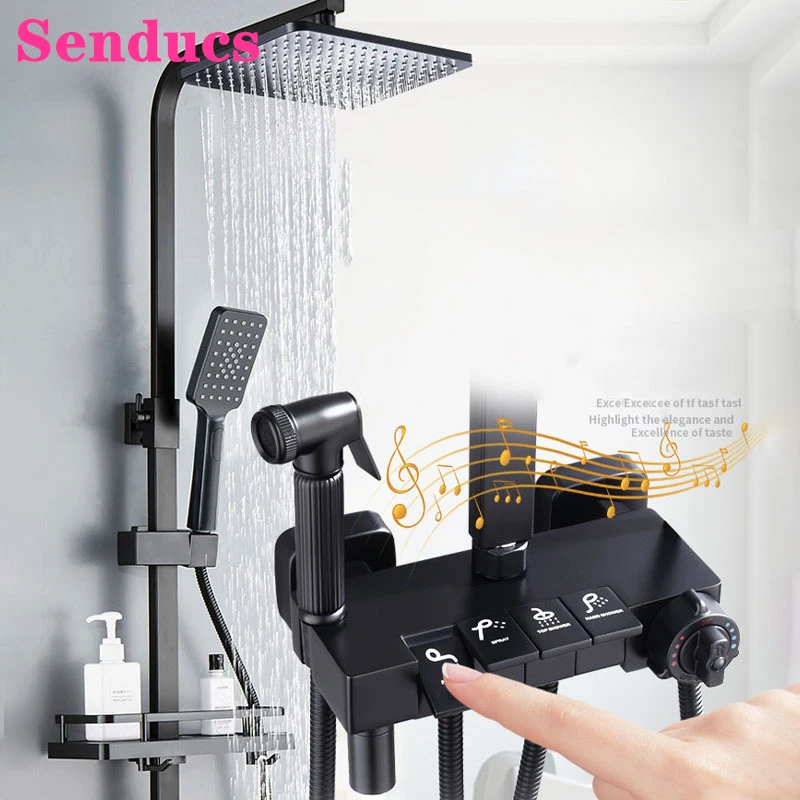 

Matte Black Piano Bathroom Shower Set with 12 Inch Rainfall Shower Head Brass Thermostatic Bathroom Tap Piano Shower Set