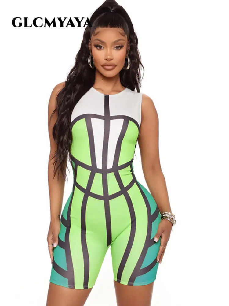 

GLCMYAYA Women Fashion Casual Irregularity Color Block Printing Contrasting Color Zipper Romper 2023 Sleeveless Bodycon Jumpsuit
