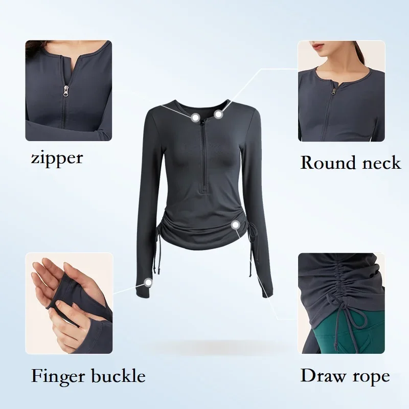 Women Long Sleeve Shirt Half Zip Drawstring Yoga Tennis Tops Ladies Sports Activewear Round Neck Running Blouse for Fitness