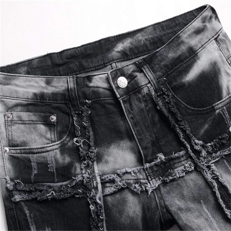 Seasonal Scratched Trouser Feet Men Jeans Worn 3D Splice Slim Black Grey Gradual Color Change Pants Stretch High Street EH·MD®