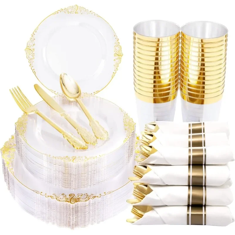 350pcs Plastic Plates, Disposable Plates with Trim, Includes: Dinner Plates, Dessert Plates, Cups, Rolled Napkin Cutlery