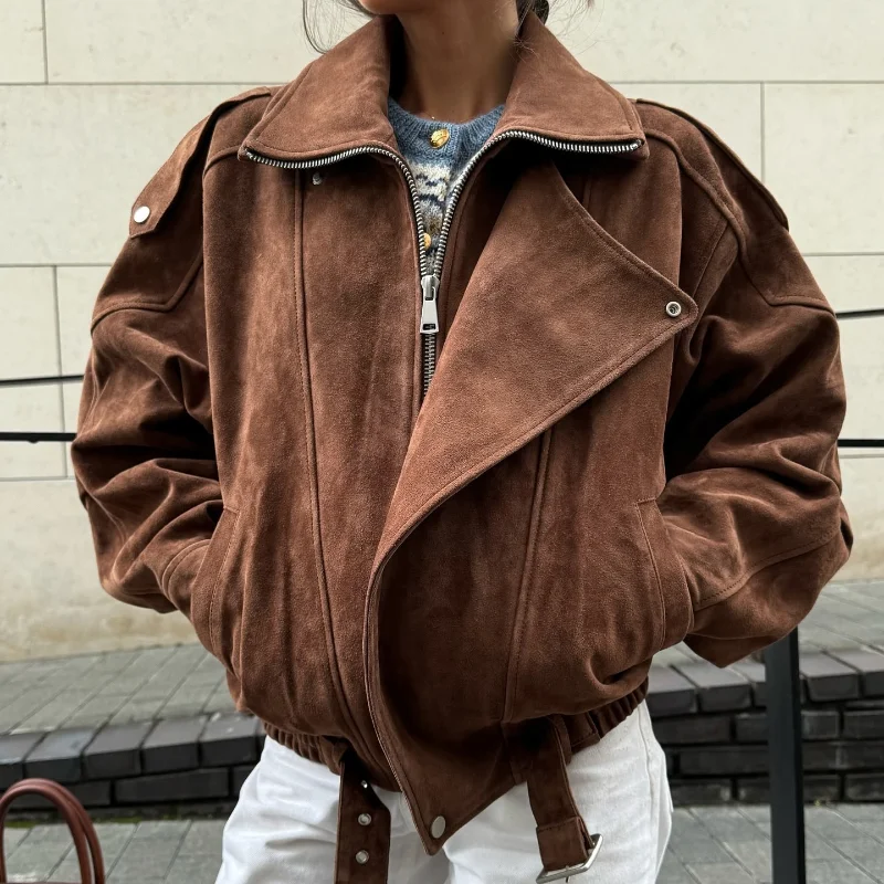 Chic Brown Faux Suede Cropped Casual Coat Vintage Lapel Solid