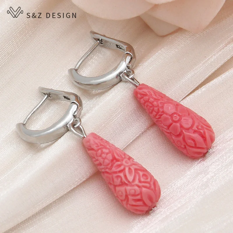 S&Z DESIGN New Fashion Water Drop Carve Flower Synthetic Shell Dangle Earrings Jewelry Sets For Women Wedding Necklace Gift