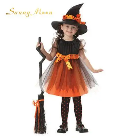 

New Fashion Girl Halloween Witch Party Cosplay Performance Short Sleeve Dress Infant Toddler Child Dress And Besom 2pcs 2-14Y