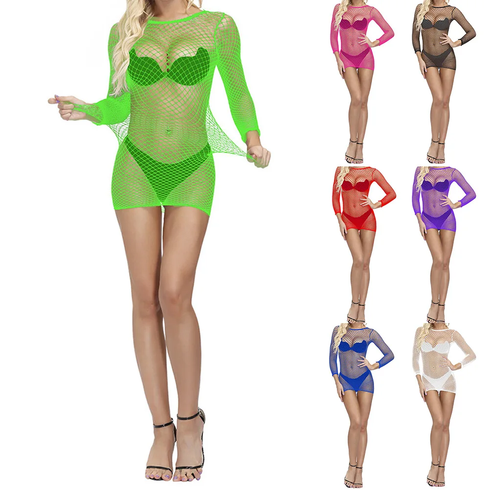 Women Hollow Out Fishnet Bodycon Dress Long Sleeve Backless Short Dress Mesh See Through Short Dresses Romper Miniskirt