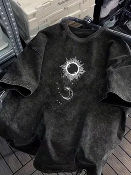 Vintage Washed Sun Moon Star Graphic T-Shirt for Men Women Casual Short Sleeve Crew Neck Oversized Mystical Celestial Tee