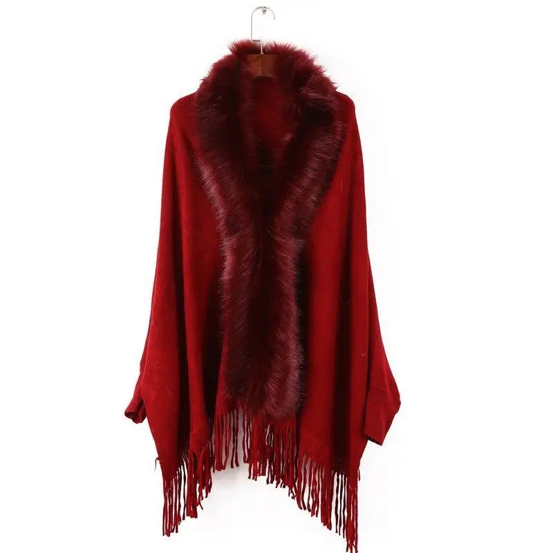 Poncho Cape Femme Fausse Fourrure Fox - Tricot, Manches Chauve-souris, Neuve