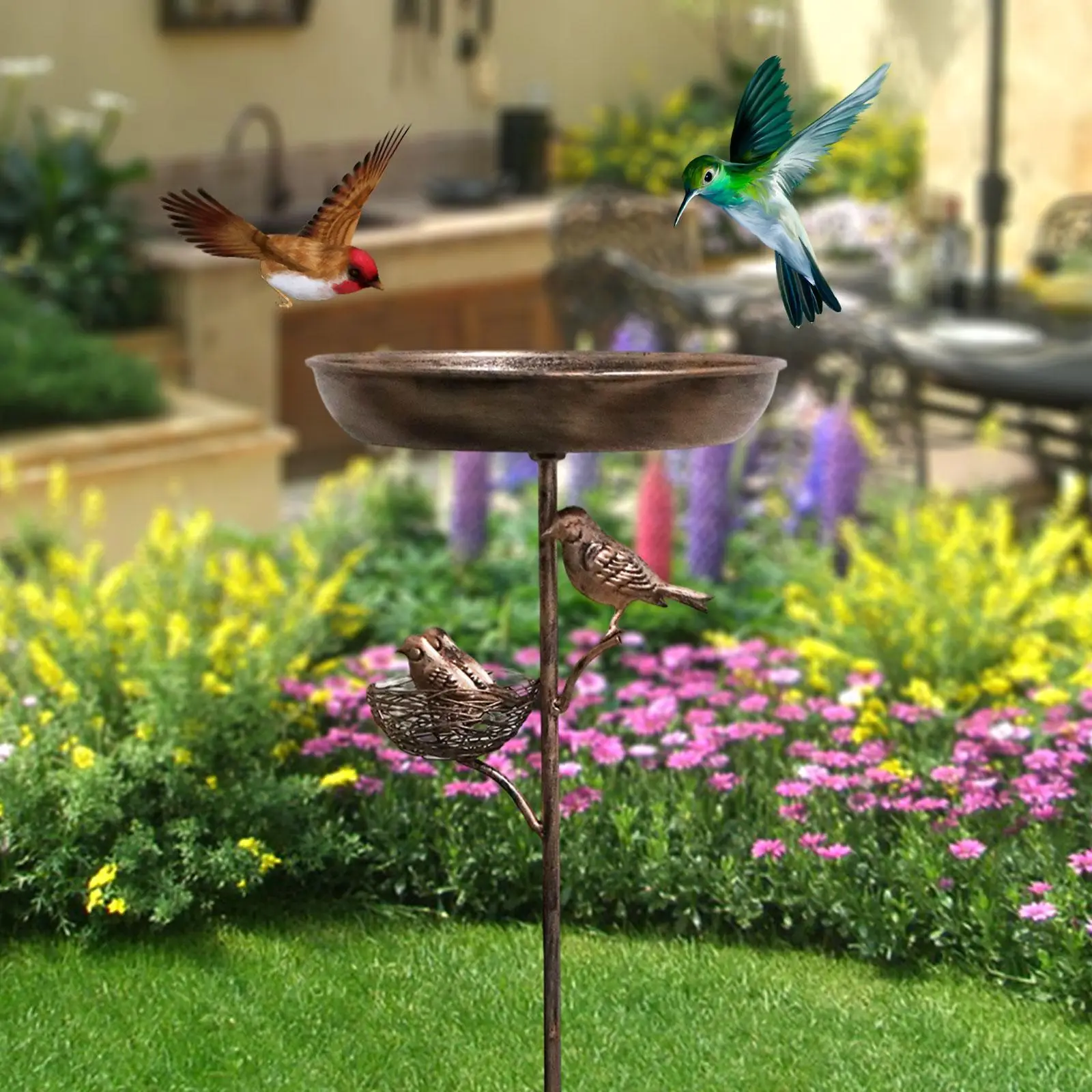Bird Bath Fountain on Stand Metal Outdoor Feeder Tray for Drinking Feeding Attracting Garden Birds