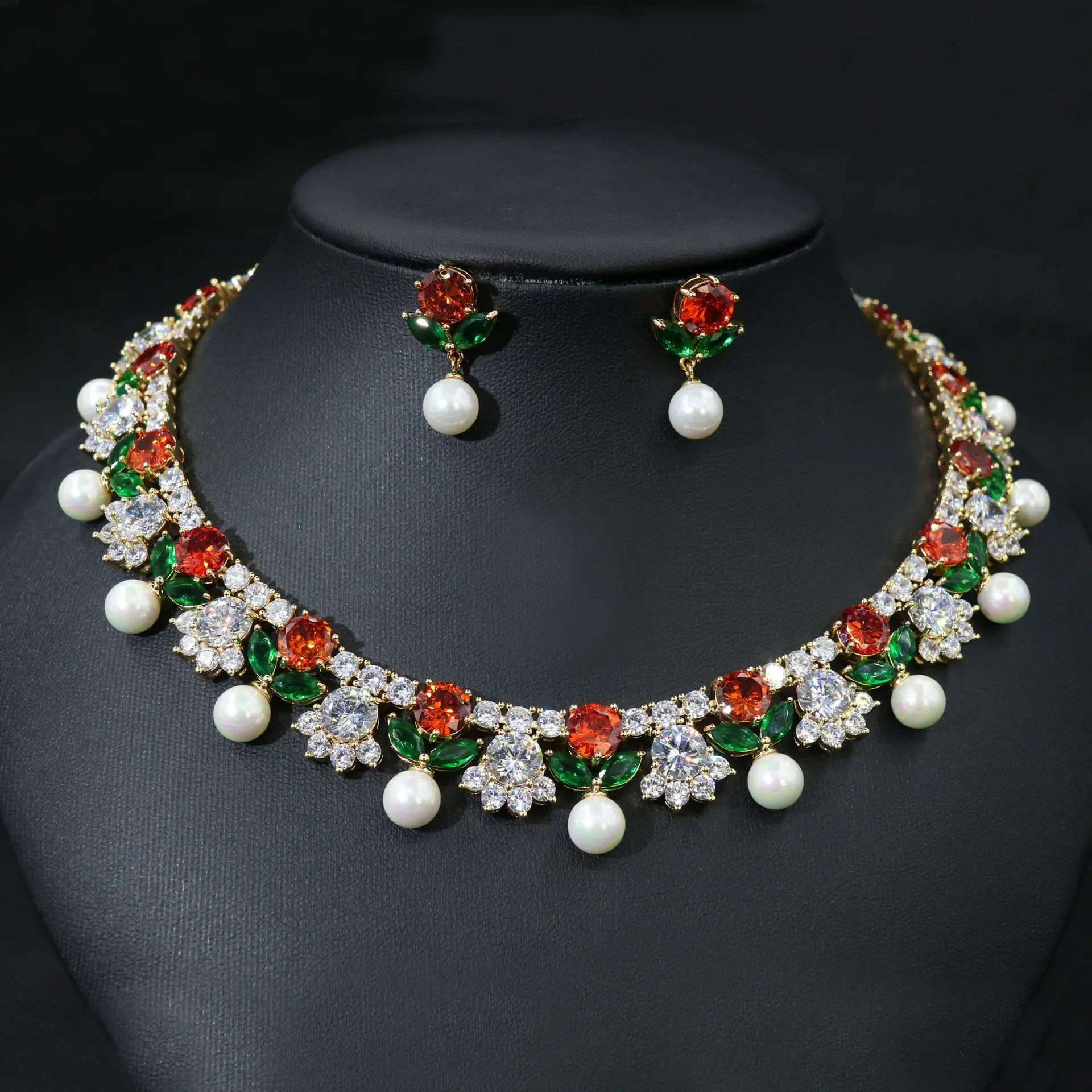 

Fashion Flower Cubic Zirconia Pearl Wedding Bridal Sets Party Dress 2 Pcs Earrings Necklace Set Women Accessories