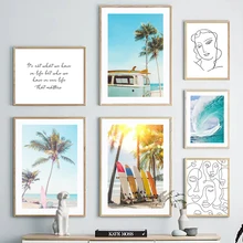 

Beach Coconut Tree Surfboard Car Abstract Lines Wall Art Canvas Painting Nordic Posters And Prints Wall Pictures For Living Room