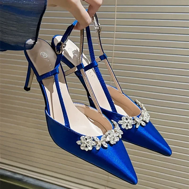 Rhinestone Satin Pointed Toe High Heels Women Elegant Diamond Wedding Shoe Slingbacks Pumps Luxury Designer Party Sandals Ladies
