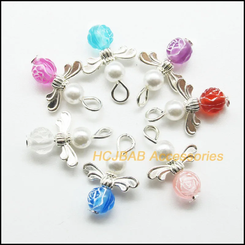 

14Pcs Silver Plated Jelly Round Mixed Acrylic Rose Flower Angel Charms Pendants 14x20mm