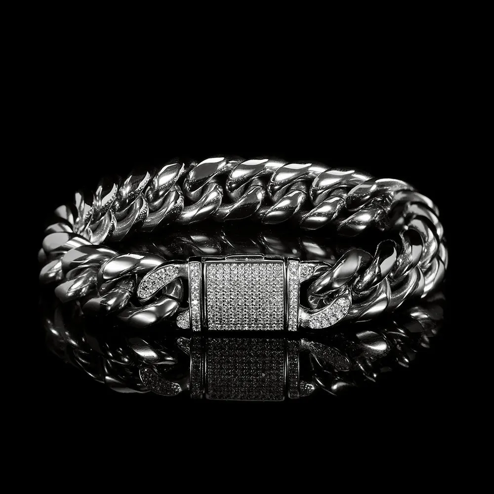 12mm Hip Hop Zircon Flap Buckle Bracelet for Men Women Stainless Steel Cuban Chain Gold Plated Titanium Steel Bracelet Jewelry