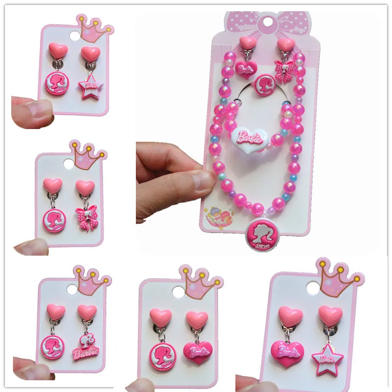 Cartoon Barbie Doll Princess Girls Love Princess Beaded Collana Anime Model Women Bracciali Ear Clip Orecchino Set Accessorio Regalo