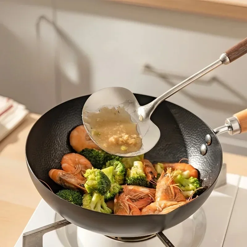 Premium Stainless Steel Spatula, Extra Long Wooden Handle Shovel for Cooking - Non-Scratch & Heat Resistant Kitchenware