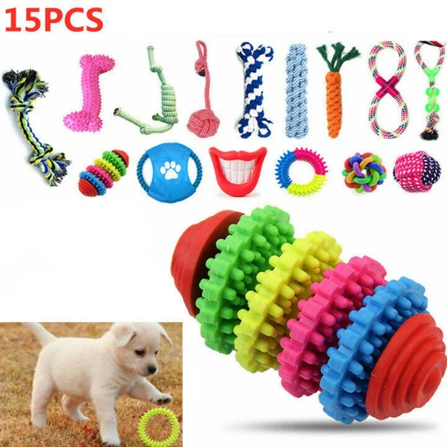 15X Tough Dog Toys Bundle Chew Rope Knot Ball Squeakers Pet Puppy Teething UK 2