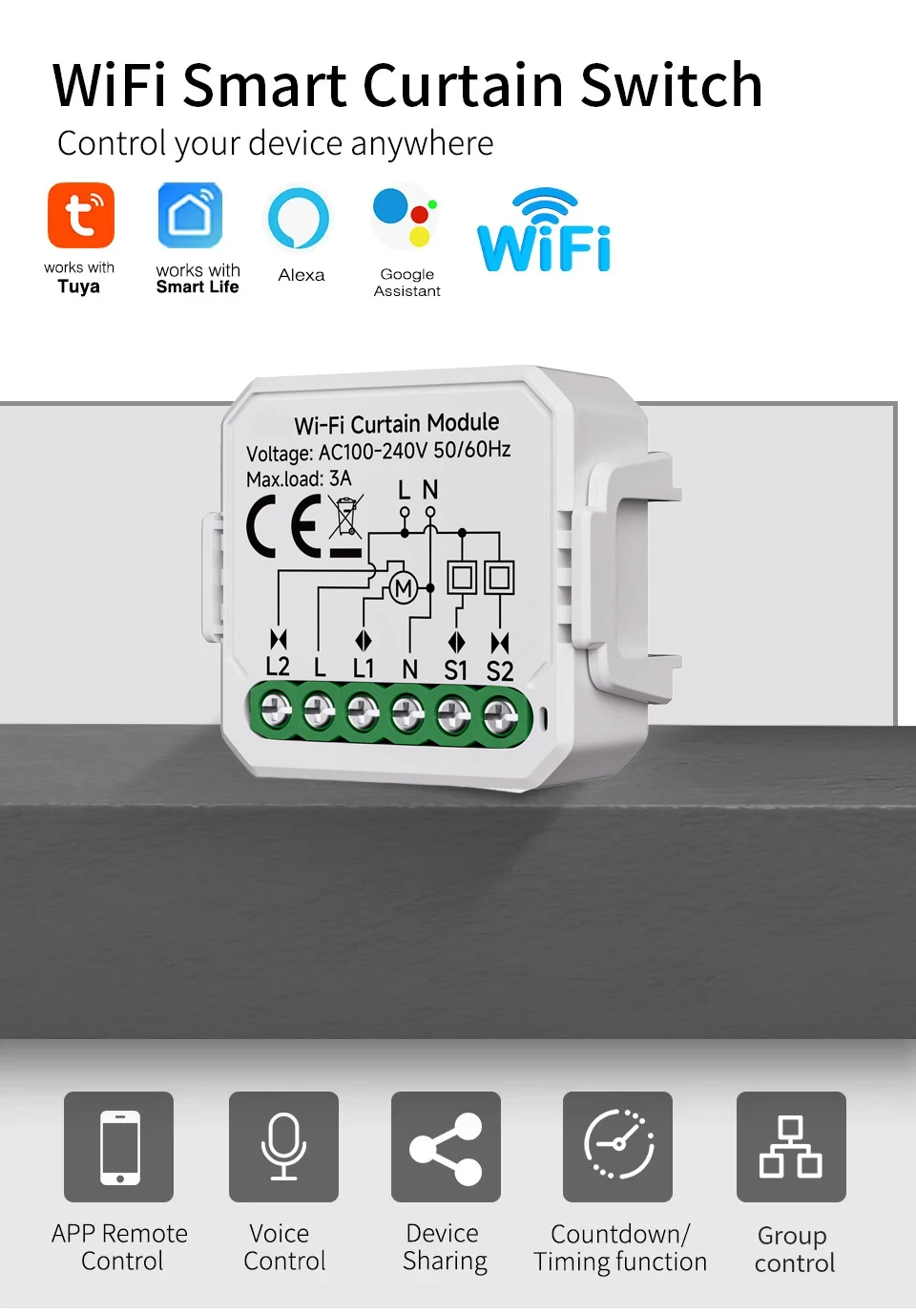 Description Picture 2 of itemTuya Smart WiFi Blind Curtain Switch Remote Control For Roller Shutter Electric Motor work with Google Home Alexa Smart Home