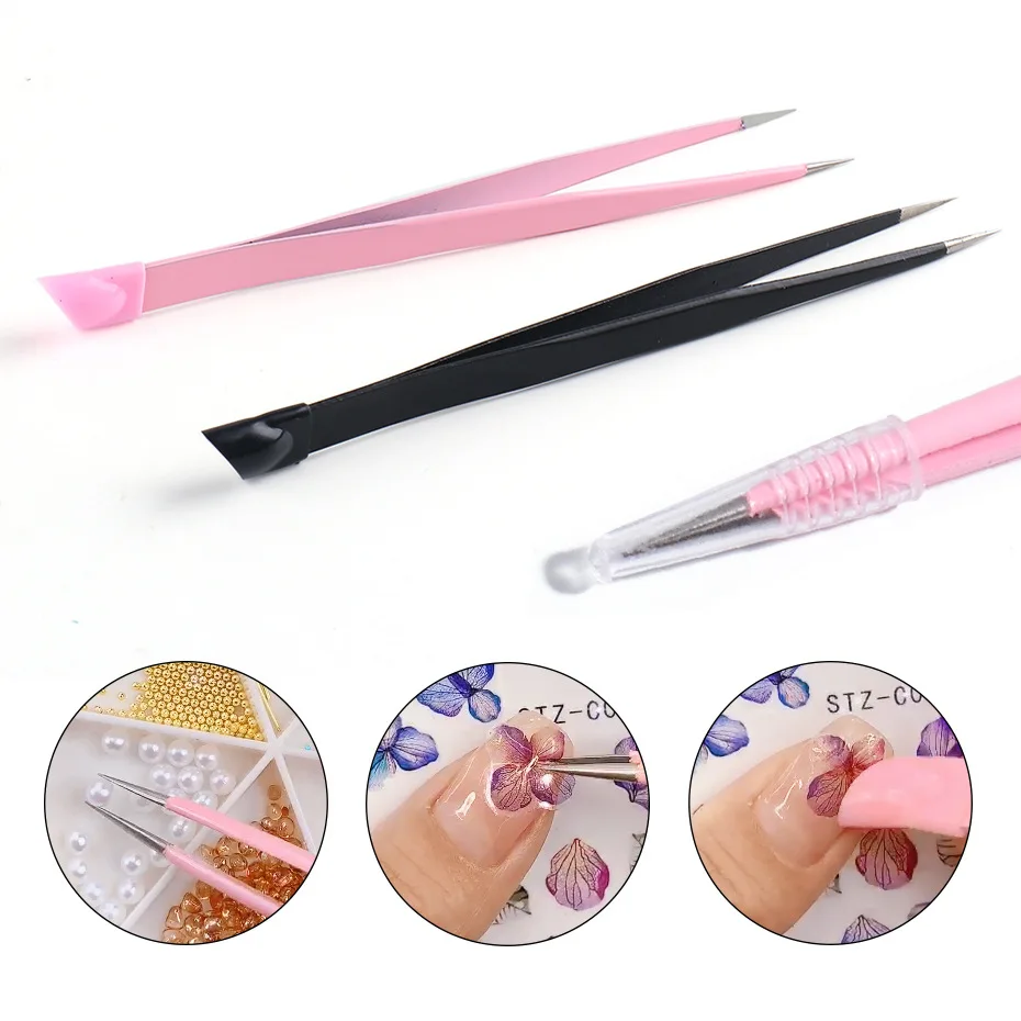 Nail Art Tweezers For Rhinestones Gems Stickers Picker 3D Nail Applicator Straight Multi Function Manicure Tweezer Art Tool